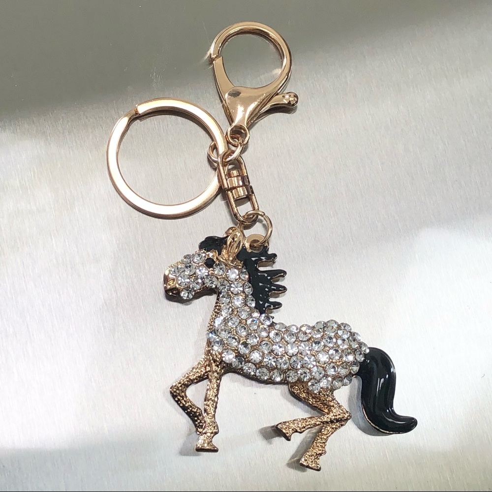 ⭐️TAGS EVOLUTION⭐️Rhinestone Swarovsky Crystals Gold Pony Horse Keychain Charm